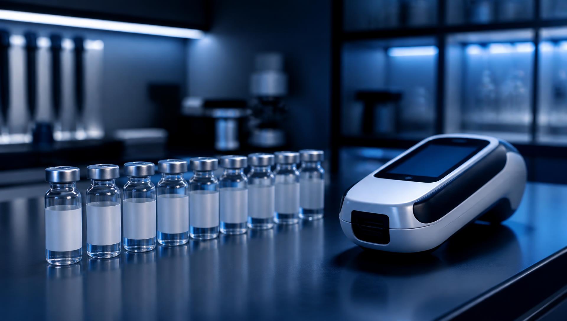 Control vials lined up beside a handheld point-of-care analyser on a laboratory bench