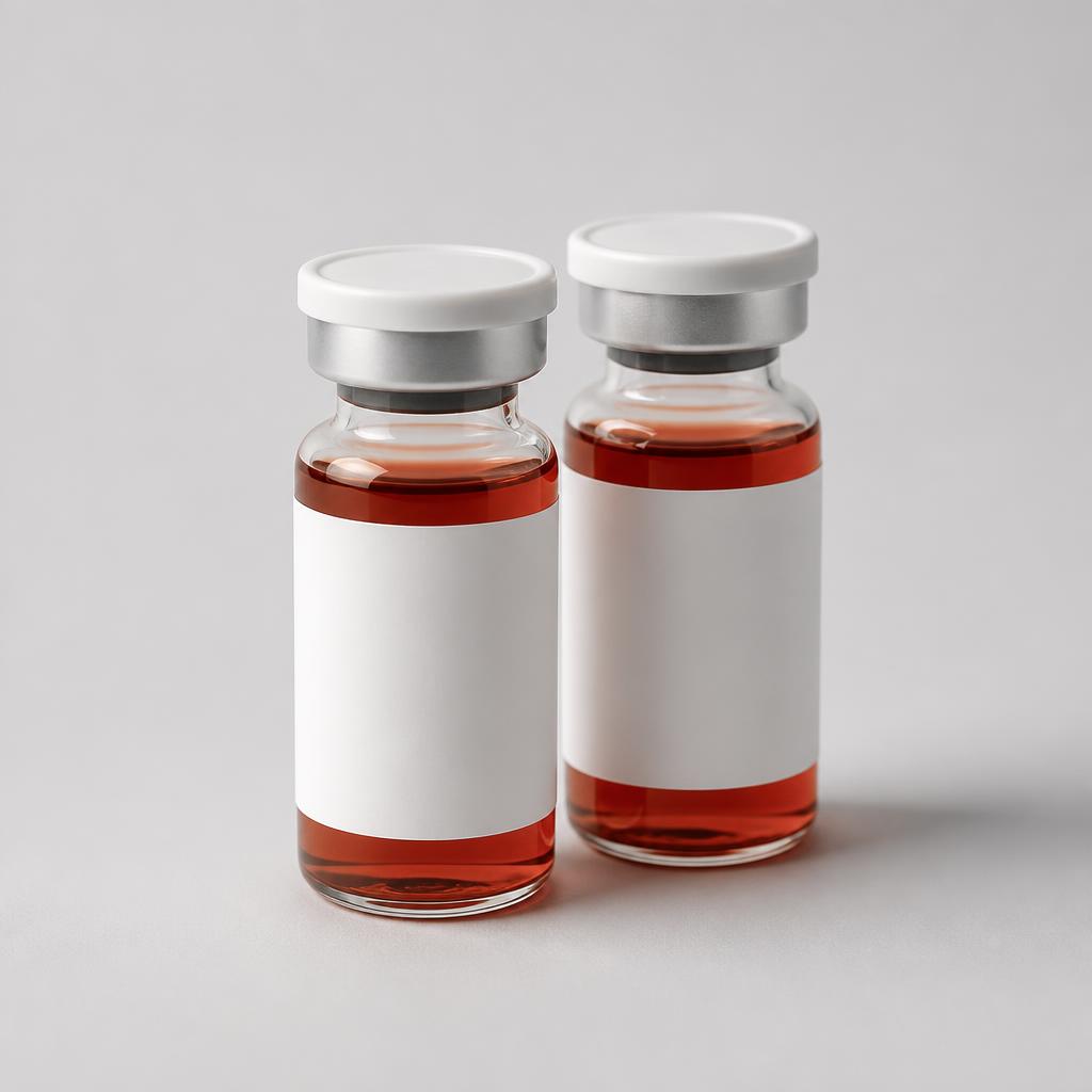 Two control vials with red liquid and blank labels