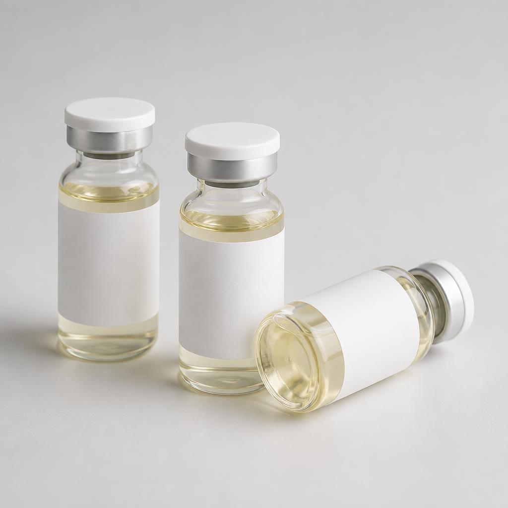 Three control vials with pale liquid and blank labels